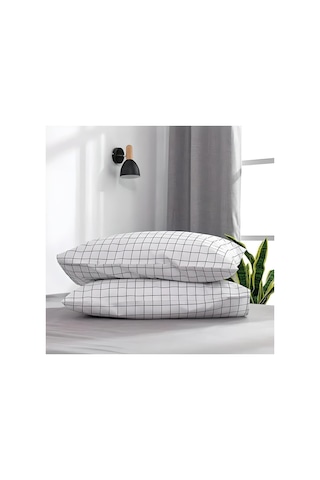 Kare Desenli Kapaklı Yastık Kılıfı 50x70 - 2 Adet Beyaz