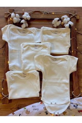 Betül Bebek Kısa Kollu 5'li Organik Pamuk Çıtçıtlı Bebek Body&zıbın 5 Adet Ekru