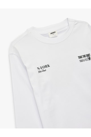 Koton Pamuklu Uzun Kollu Bisiklet Yaka Baskılı Oversize Tişört Ekru 6skb10064tk Ekru