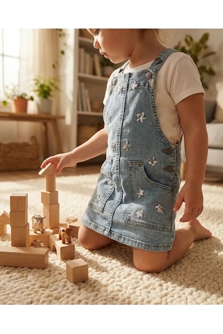 Dmb Kids %100 Pamuk Kız Çocuk Kot Salopet Yıldız Desenli Askılı Kot Jile Elbise Bayramlık Çocuk Elbisesi Kot Mavi