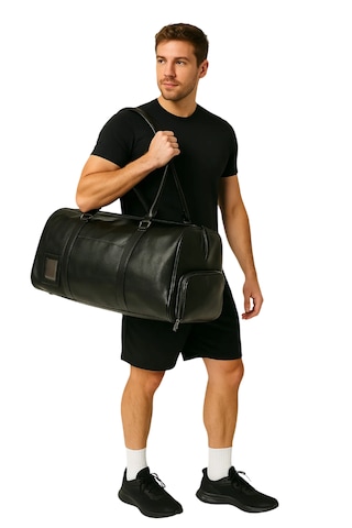 Seyahat Çantası Ayakkabı Bölmeli Spor Deri Siyah