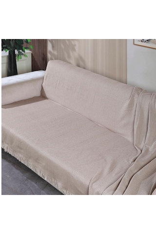 170 210 Cm Pamuklu Önden Saçaklı 170x210 Koltuk Örtüsü 2'li Paket Açık Bej