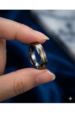 Erkek Gümüş Renk Gold Çizgi Detay 6 Mm Tungsten Yüzük