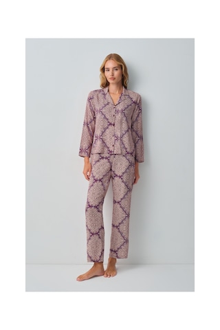 Suwen Harper Gömlek Yaka Pijama Takımı Wsh10510047662 Bordo Desenli