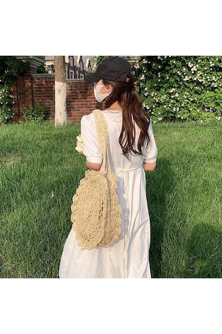 Novahub Koyu Kahverengi Bohem Tarzı Hasır Örgü Plaj Çantası - El Yapımı Omuz Çantası 40cm Koyu Kahverengi
