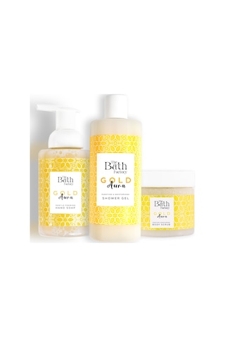 The Bath Factory Gold Aura Vücut Peeling + Gold Aura Duş Jeli + Gold Aura Köpük Sabun﻿﻿