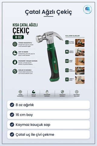 Çekiç Kısa Çatal Ağızlı 8 Oz 16 Cm Ergonomik Yumuşak Sap Htaş Mar