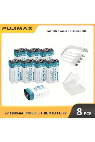 Xuweiwei Pujımax 8 Adet 9v Lityum Batarya Type C Şarj Kapasiteli Şarj Edilebilir Polimer Pil Elektronik Cihazlar İçin Taşınabilir Power Bank Alt N