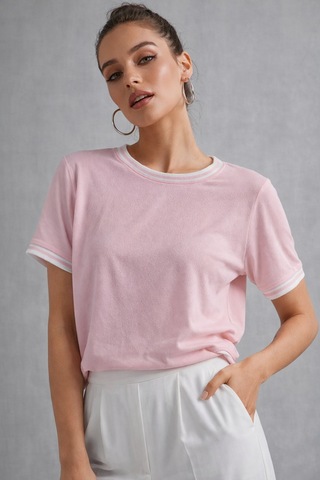 Kadın Pembe Bisiklet Triko Yaka Kısa Kollu Basic T-shirt Pembe