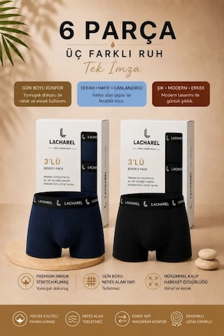 Veraura Lifestyle Erkek Likralı Pamuklu Nefes Alan Penye 6 Adet Boxer - Lacivert - Siyah Çok Renkli