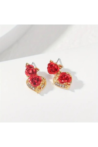 Elegance 3 Parça Altın Kalp & Gül Kolye Ve Küpe Seti Altın Kaplam Altın - Kırmızı