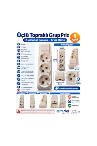 Arvia Motto Üçlü Beyaz Grup Priz Topraklı Klemensli 3lü Kablosuz Standart