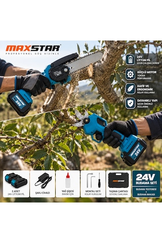 Maxstar 24v Akülü Budama Testeresi Ve Budama Makası 2'li Set 2 Akülü, Şarjlı Bahçe Budama Seti