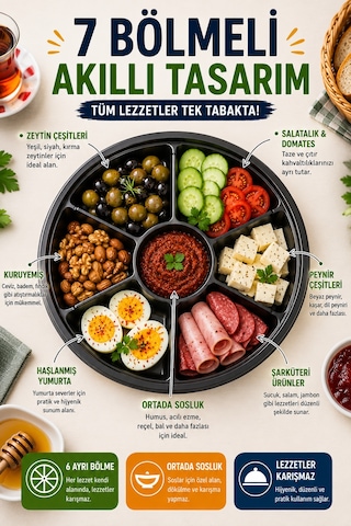 7 Bölmeli Kahvaltı Meze Kabı Kapaklı 26 Cm Tek Kullanımlık Salata Sunum Ve Paket Servis Kabı Seti Siyah