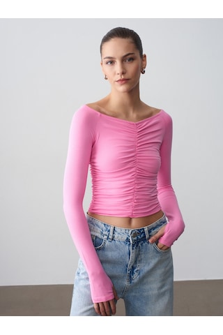 Dilvin 32089 Omuzları Açık Büzgülü Top-pembe