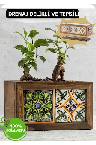 Halohope El Yapımı 2 Meksika Çinili Dekoratif Modern Ahşap Dikdörtgen Bahçe Balkon Saksı Saksılık Çiçeklik