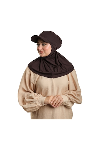 Hürrem Bone Kahve Pratik Hazır Geçmeli Şapkalı Tesettür Eşarp Viskon Düz 2513 14 Kahve