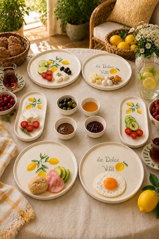 Amalfi 10 Parça 4 Kişilik Stackable Seramik Kahvaltı Takımı Limon Desenli Ayaklı Sunumluklu Sofra Seti Beyaz