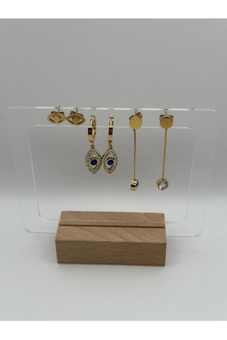 Arnes Jewelry Çelik Zirkon Taşlı Nazarlı Göz Detaylı 3 Çift Set Küpe Ar309nes Gold