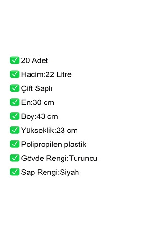 Plastik Alışveriş El Sepeti Çift Saplı 22 Litre Turuncu 20 Adet / En:30 Boy:43 Yükseklik:22 Cm Turuncu