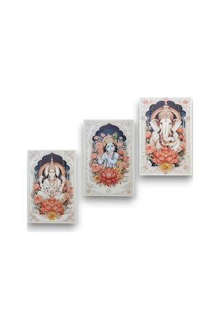 Bohem Hint Tanrıları Ahşap Tablo Serisi - 3 Parça Spiritüel Duvar Sanatı Seti - Ganesha, Vishnu, Krishna Özel Baskı Tablo