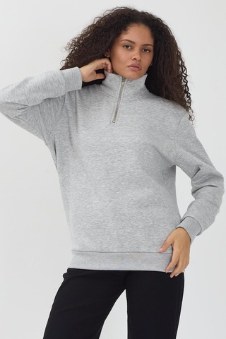 Unisex Regular Fit Rahat Kesim Pamuklu Içi Polarlı Yarım Fermuarlı Gri Dik Yaka Sweatshirt Gri