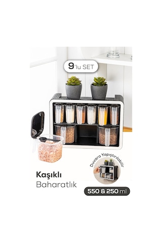 Vienev 9lu Standlı Kendinden Yapışkanlı Kaşıklı Baharatlık Seti Antrasit