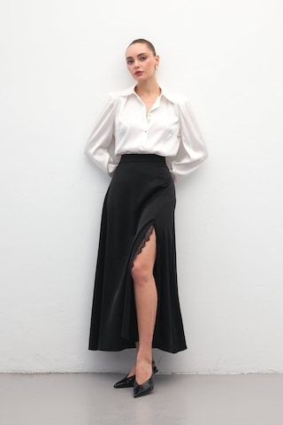 Sateen Dantel Detaylı Saten Etek - Siyah-137170 Siyah