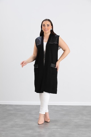 Wearon Kadın Ajda 2 İp Kristal Süs Deri Ve Taşlı Cepli Siyah Yelek Siyah