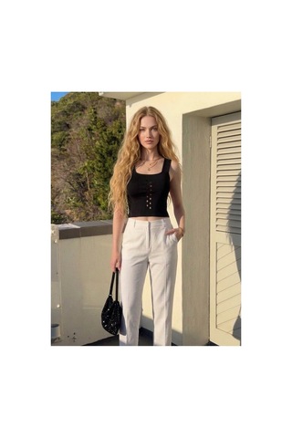 Onno Style Women Kolsuz Askılı Delikli Triko Kadın Bluz Siyah