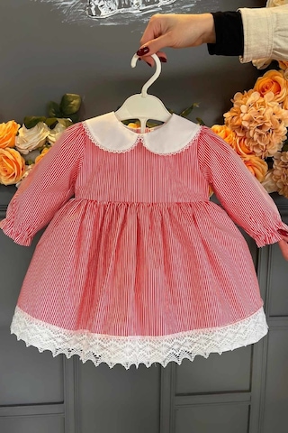 Bebe Yaka Dantel Detaylı Çiçekli Kız Çocuk Bebek Pamuklu Elbise 3 Renk 001
