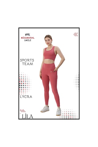 Missmaral Kadın Alt Üst Takım Fitness Pilates Koşu Sporcu Slim Fit Tayt Çift Cep Yüksek Bel Likralı Gül 3065 Gül Kurusu
