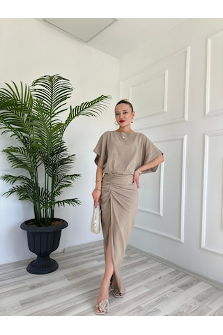 Keymoda Kadın Keten Elbise Vizon Vizon