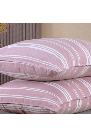 Pamuklu İpliği Boyalı Yıkamalı Kapaklı Yastık Kılıfı 2 Li Set 50x70 Cm Çift İğne Detaylı Pembe - Beyaz