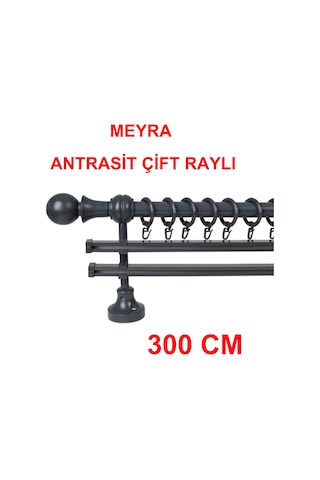 Meyra Demonte Başlıklı Ahşap Rustik Perde Askısı - Çift Raylı -antrasit 300 Cm Antrasit