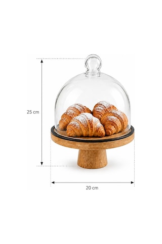 Cam Kapaklı Ayaklı Bambu Pasta Kek Standı Servis Sunum Tabağı, Kek Pasta Fanusu - 20 Cm