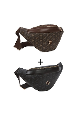 Newish Polo Kadın Desenli Çapraz Omuz Askılı Bel Ve Omuz Çantası 2 Adet New345- Kahverengi - Gri