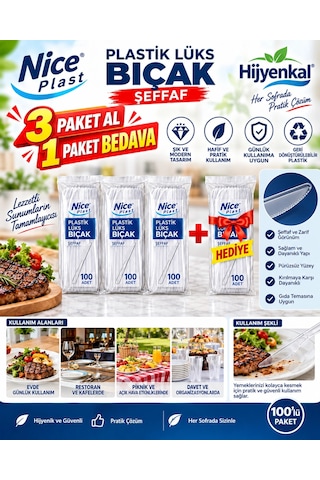 Nice Plast. Plastik Lüks Bıçak Şeffaf 100'lü 3 Paket Al 1 Paket Bedava Kampanya
