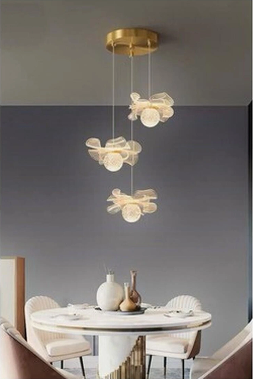 Kleopatra Model 3 Lü Gold Kaplama Metal Salon Mutfak Oturma Yatak Odası Modern Led Sarkıt Avize Mavi