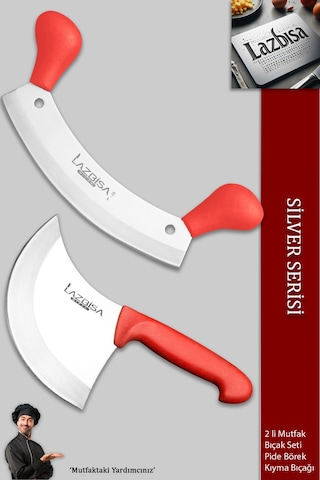 Lazbisa Mft-460 Silver Serisi Pizza Salata Hilal Börek Pide Bıçağı Kıyma Bıçağı 2 Li Set Günlük Kullanım Kırmızı