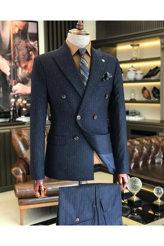 İtalyan stil slim fit çizgili kruvaze ceket pantolon takım elbise lacivert T9501-Lacivert