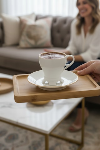 6 Kişilik Modern Ayaklı Krem Yaldızlı Porselen Kahve Fincan Takımı 12 Parça Beyaz