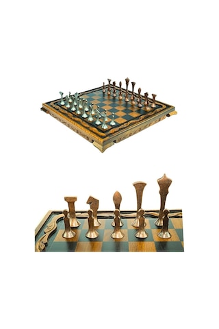 Mc44 Büyük Boy Metal Satranç Takımı Gerçek Ceviz Tahta El Yapımı Antik Taşlar 35x35cm