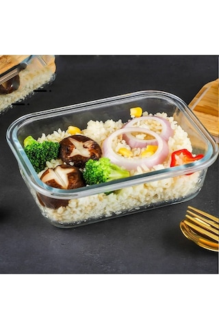 Morponi Bambu Kapaklı 2'li Diktörtgen Vakumlu Kase Cam Saklama Kabı 1500 Ml Şeffaf