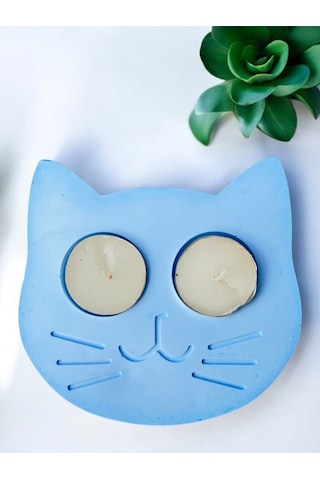 Mavi Kedi Şekilli Beton Mumluk - El Yapımı Dekoratif Çay Işığı Tealight Mumluk - Minimalist Kedi Tem Mavi