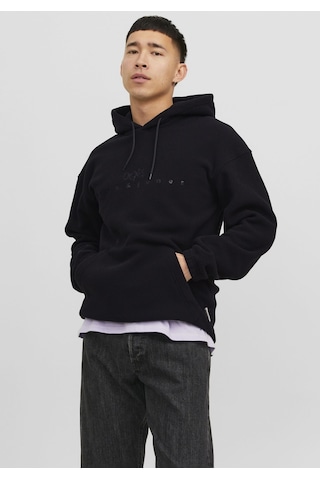 Jack & Jones Göğüs Baskılı Kapüşonlu Sweatshirt - Silverlake 12242470 Black Siyah