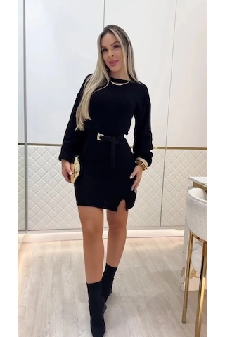 Defymoda Kadın Uzun Kollu Yuvarlak Yakalı Kısa Triko Elbise Siyah