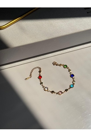 Renkli Taş Detaylı Altın Kaplama Bileklik Zarif Kadın Takı Çok Renkli