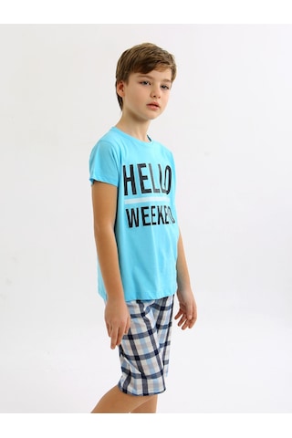 Vitmo Erkek Çocuk Kısa Kollu Kapri %100 Pamuklu Pijama Takımı Hello Weekend Turkuaz