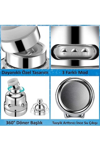 Zethome Su Tasarruflu 3 Fonksiyonlu Krom Mutfak Lavabo Başlığı 360 Derece Döner Ayarlanabilir